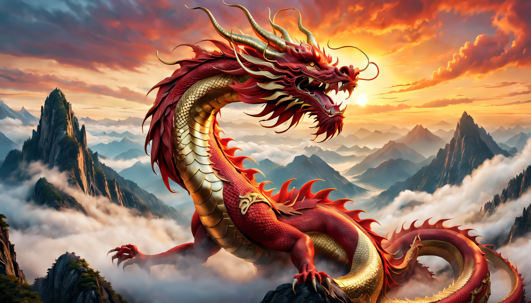 A red Chinese dragon in the sky,Curved body,Long beard,golden eyes breathing,Curly and powerful dragon tail,mountain peaks,Surrounded by mist,Vivid colors and intricate details,illuminated by soft golden light,(Best quality at best,4K,8K,A high resolution,tmasterpiece:1.2),ultra - detailed,actual