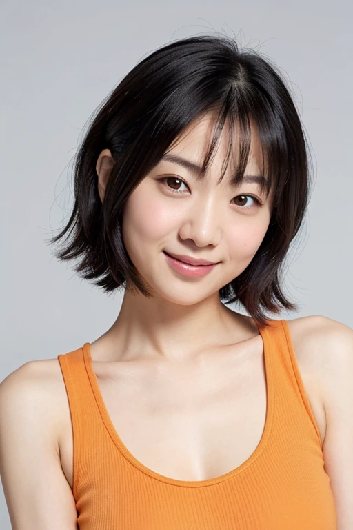 Asian Woman, bob cuts, close-up, Smile, (Orange tank top), (Pastel gray background)IVE Eugene