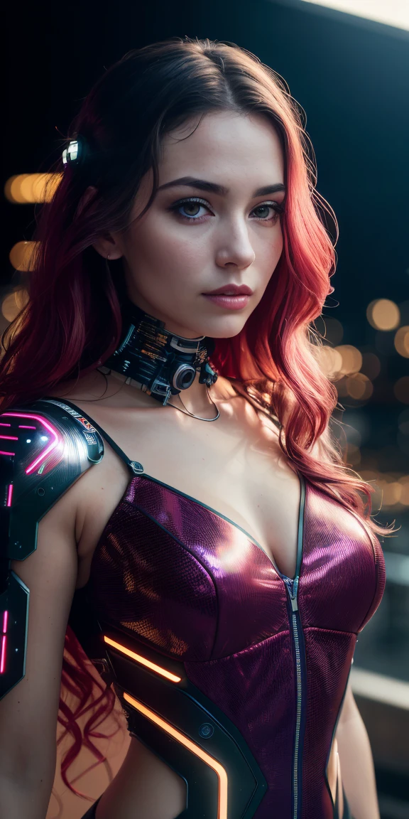 Full face portrait photo of a 25-year-old European girl, RAW, beautiful woman, semi-open strawberry lips, dimples, wistful look, (extra long wavy brown hair), ((detailed face)), ((detailed facial featureinely detailed skin), pale skin, (deep neckline detailed high-tech cyberpunk dress), cyberpunk megacity environment, (cool colors), damp, damp, reflectionasterpiece) (perfect proportion)(realistic photo)(best quality) (detailed) shot on a Canon EOS R5, 50mm lens, F/2.8, HDR, (8k) (wallpaper) (cinematic lighting) (dramatic lighting) (sharp focus) (intricate),RAW photo, gigachad photo, posing for camera, 8k uhd, dslr, high quality, grain film, Fujifilm XT3