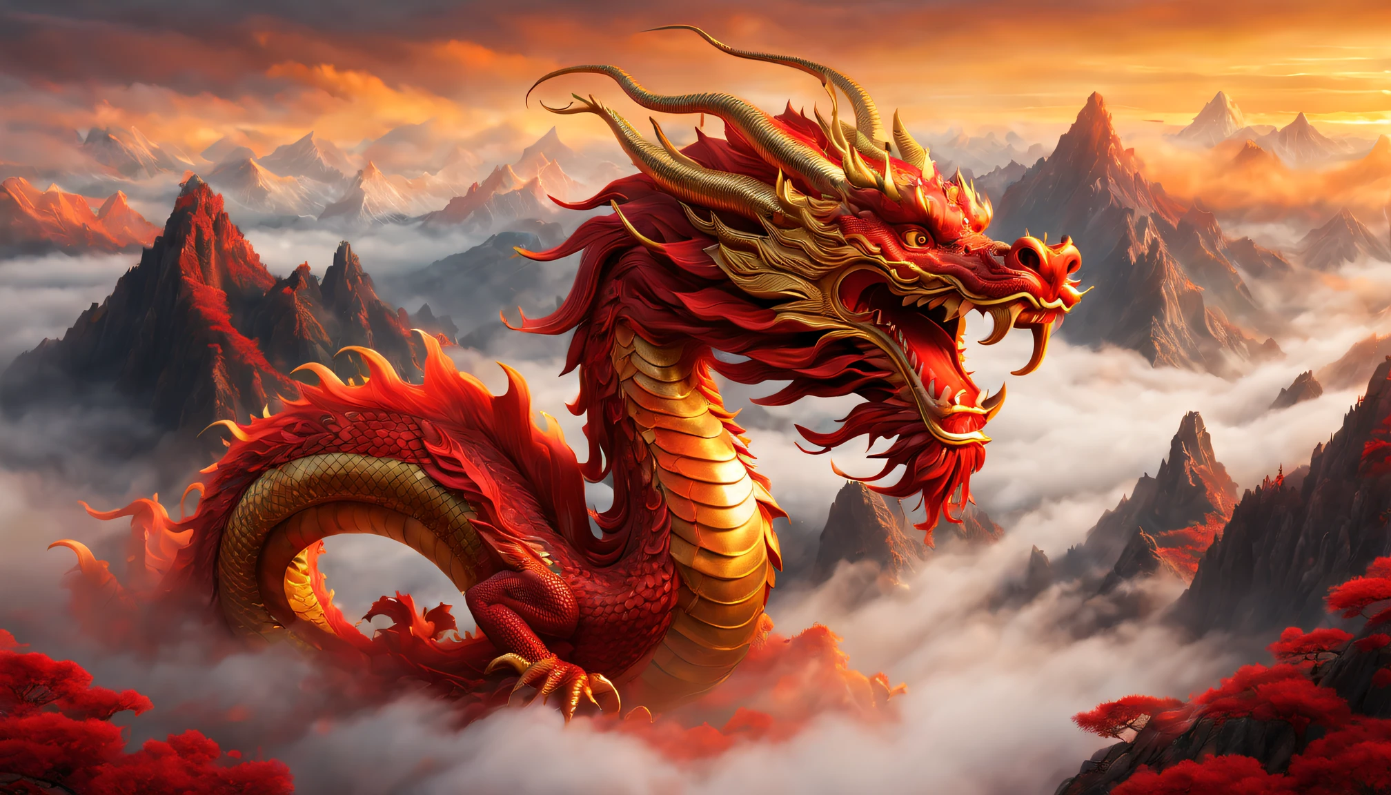 A red Chinese dragon in the sky,Curved body,Long beard,golden eyes breathing,Curly and powerful dragon tail,mountain peaks,Surrounded by mist,Vivid colors and intricate details,illuminated by soft golden light,(Best quality at best,4K,8K,A high resolution,tmasterpiece:1.2),ultra - detailed,actual