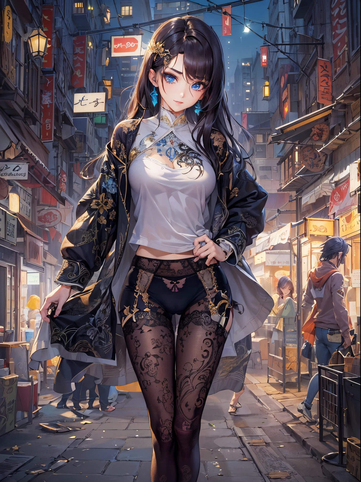 ((Finest quality)),(超A high resolution),(ultra-detailliert),(Meticulous portrayal),((Best Anime)),(Finest works of art),(Ultra-Precision Art),(The art of astounding depiction,Overwhelming depiction:1.5),(intricate and detailed art:1.6), (1 adult female:1.5),(very neat and beautiful face:1.6),(Underwear:1.5),Light makeup:1.5,perfectly proportions:1.5,lustrous dark hair:1.5,A slight smil,beauty legs:1.4, Stylish atmosphere:1.6, street:1.6