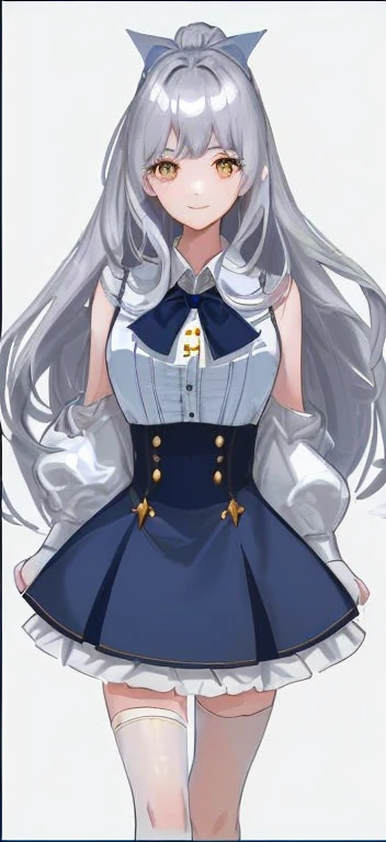 Portrait of a girl with long silver hair、bustshot、Sleeveless, High collar white button front shirt、Navy cameo ribbon tie with large gold trim、Dark blue cameo with golden border and white female silhouette.、Navy blue high waist flared miniskirt with bustier、The skin of white socks above the knee、Bursting smile、Redness of the cheeks