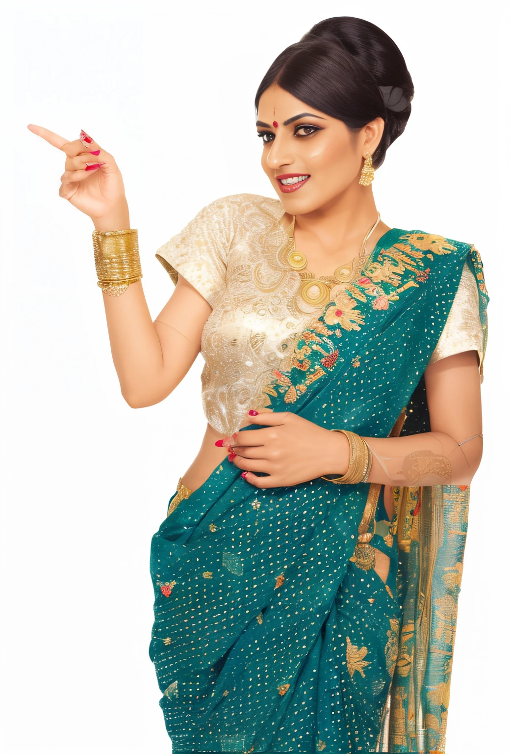 Woman in saree pointing at something with finger, wearing sari, wearing sari, saree, wearing sari, indian style, Dressed in delicate greens and golds, Indian, wearing fancy clothes, coy expression wearing intricate, Photos of hand-decorated models, indian empress, Wearing steampunk sari, desi, princess jasmine, Wearing traditional attire, wearing ornate silk clothes