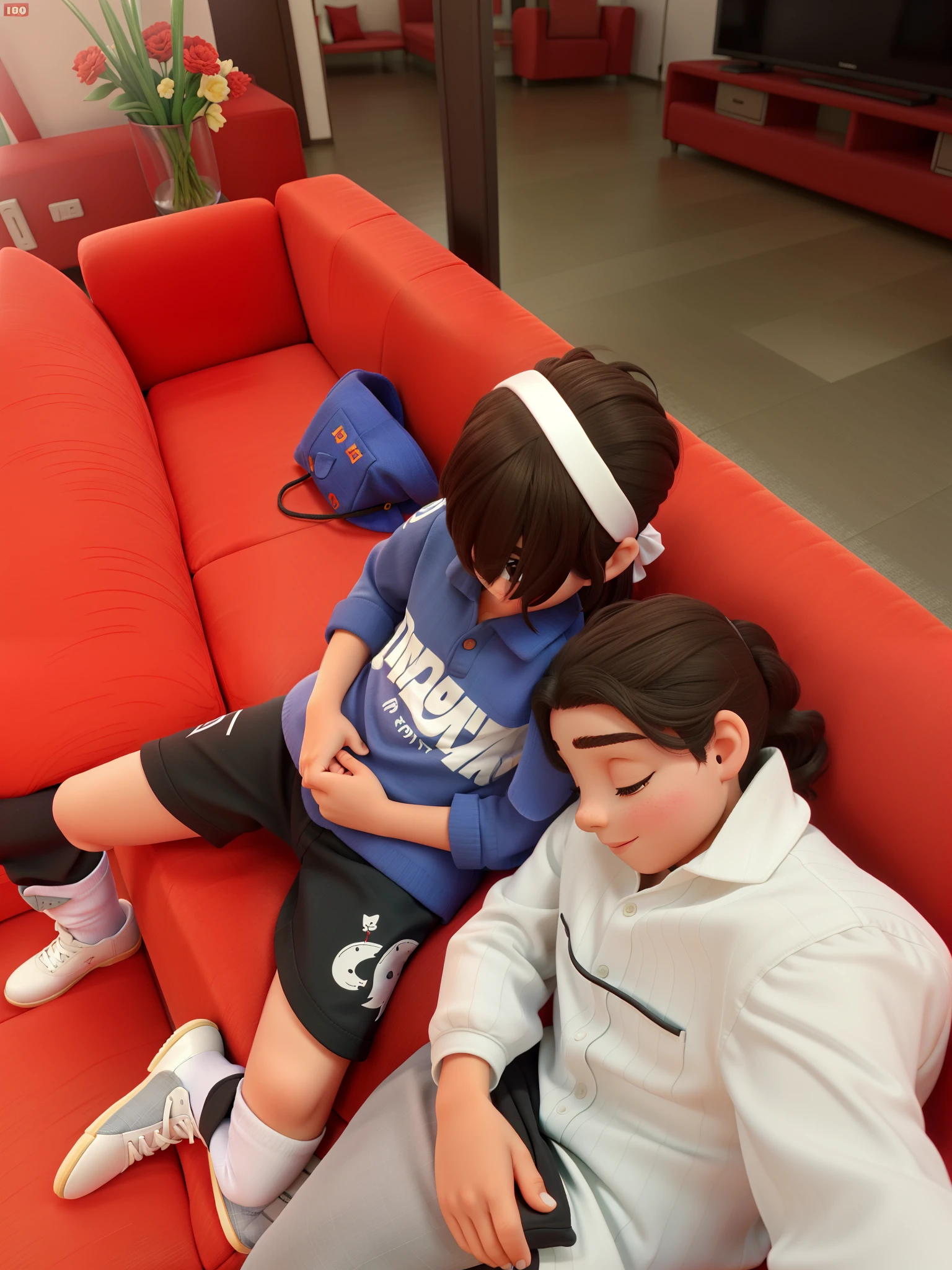 Uma foto de melhores amigos, a girl and a boy on a red sofa