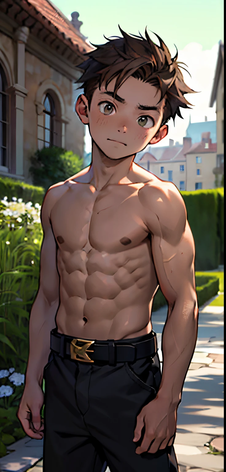 (Masterpiece, The best quality), garden of a palace,Libido boy, nudity, a boy of , Young boy,child's childhood,Young age,Shirtless, Topless, Short and round face,Flat chin,childhood, (The child's face)wn hair, Young age, Flat chin, Fine face in detail, loose brown pants, bronze buckle belt, aesthetic (good anatomy), Short brown hair, shiny hair, white eyes, Keep your eyes wide open , pectorals, Toned muscles, bright, bright and vivid colors,(Depth of fields:1.2), Positive hearing, Looking at Viewert, the night.