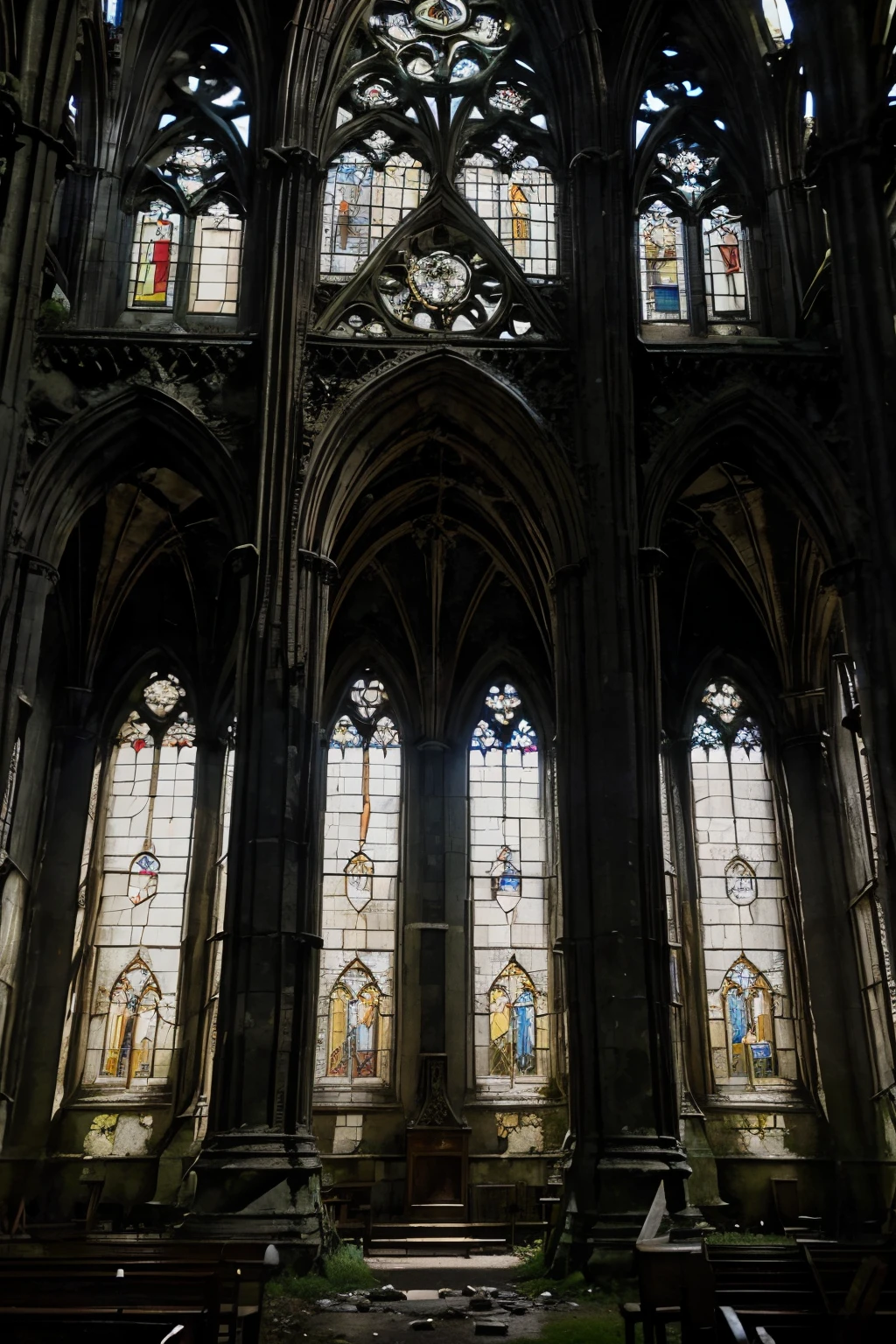 Forgotten Cathedral Ruins:
Picture the decaying remains of a once-majestic Gothic cathedral. Broken stained glass windows cast eerie shadows on crumbling stone pillars, and ivy weaves its way through the intricate tracery. The air is heavy with the weight of history and silence.