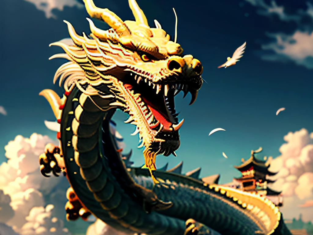 ((Best quality at best)), ((tmasterpiece)), (Detailed pubic hair),in a panoramic view,Chinese Big Breasts'potential beast,フォトリアリスティック,Mito,chinesedragon,With an antique feel,Biomechanicals, perching in the clouds,Chinese architecture,mistic,