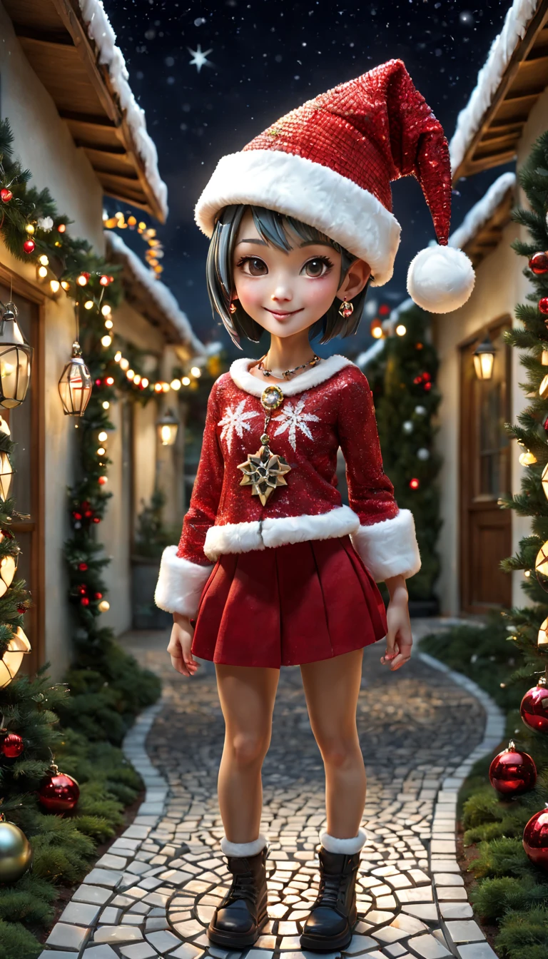 Christmas style，mosaic sculpture, external garden, flagstone road, mirai, the night, Asymmetrical hair, forehead jewel, santa hat, bead necklace, hoop earings, smug,ssmile, hyper realisitc, mirai, hyper realisitc, artistic décor, concept-art, Three-dimensional future, lightand shade contrast, Ray trachinosaic art), wide wide shot, Best quality at best, A high resolution, Award-Awarded, tmasterpiece, 4K