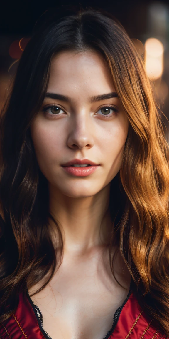 Full face portrait photo of a 25-year-old European girl, RAW, beautiful woman, semi-open strawberry lips, dimples, wistful look, (extra long wavy brown hair), ((detailed face)), ((detailed facial featureinely detailed skin), pale skin, (deep neckline detailed high-tech cyberpunk dress), (cool colors), damp, damp, reflection masterpiece) (perfect proportion)(realistic photo)(best quality)  (detailed) shot on a Canon EOS R5, 50mm lens, F/2.8, HDR, (8k) (wallpaper) (cinematic lighting) (dramatic lighting) (sharp focus) (intricate),RAW photo, gigachad photo, posing for camera, 8k uhd, dslr, high quality, grain film, Fujifilm XT3