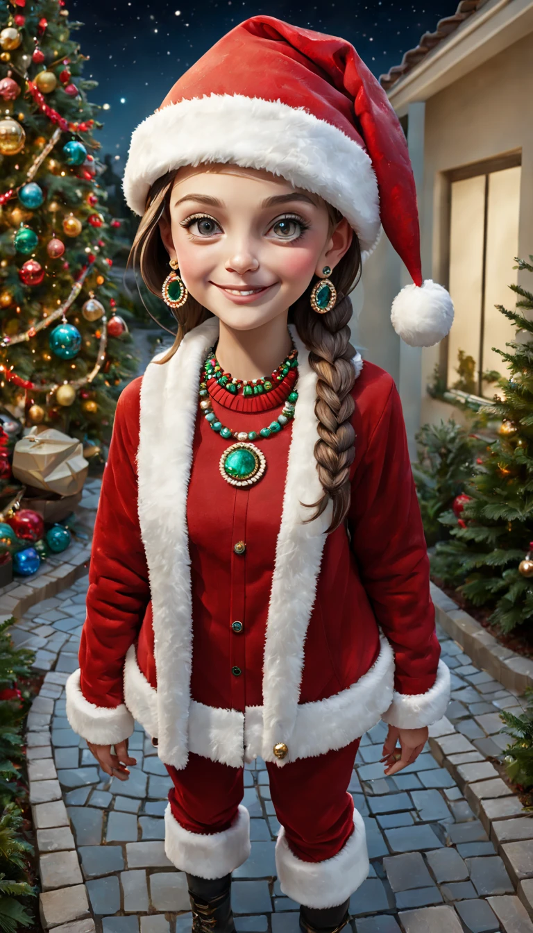Christmas style,mosaic sculpture, external garden, flagstone road, the night, Asymmetrical hair, forehead jewel, santa hat, bead necklace, hoop earings, smug,ssmile, hyper realisitc, hyper realisitc, artistic décor, concept-art, lightand shade contrast, Ray trachinosaic art), wide wide shot, Best quality at best, A high resolution, Award-Awarded, tmasterpiece, 4K,(best quality,4k,8k,highres,masterpiece:1.2),ultra-detailed,realistic
