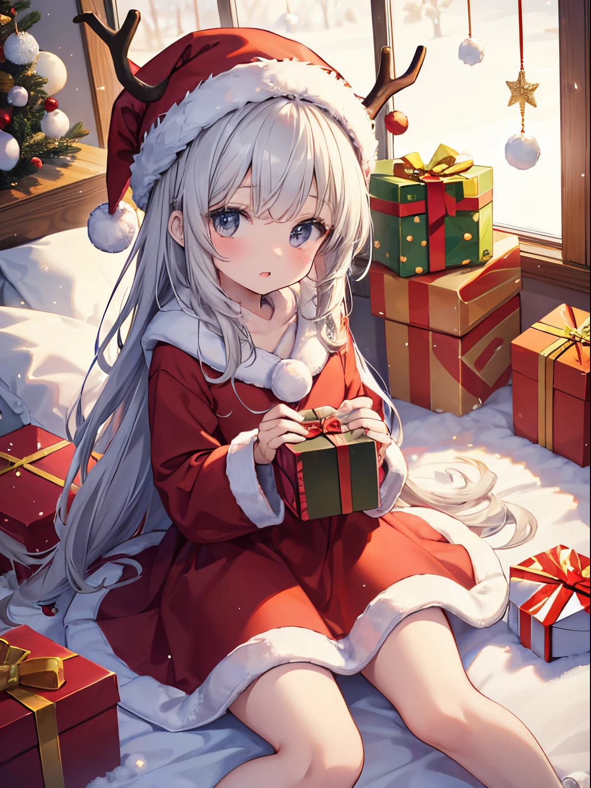 Cute little girl s,With antlers,shaggy,largeeyes,Shimmering with a warm glow。Wearing red santa hat,put on christmas clothes,Horse hooves on the snow,Bring a gift bag,Bring joy and gifts to children。
