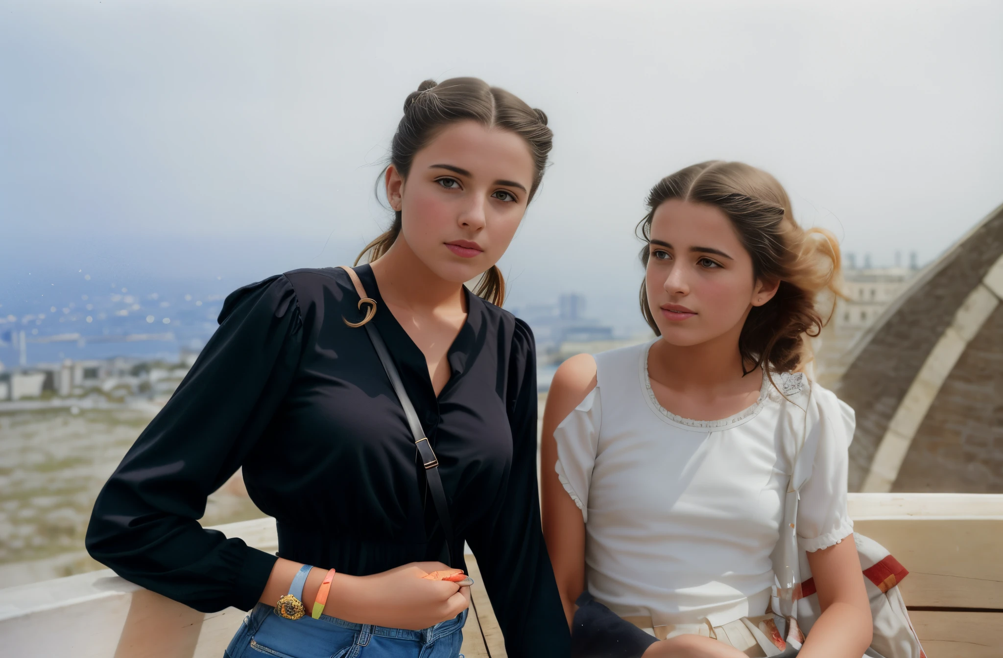 two women standing next to each other on a wooden bench, long hair, two girls, young girls, beautiful gemini twins portrait, beautiful girls, alena aenami and lilia alvarado, two models in the frame, in style of alasdair mclellan, young women, sisters, yael shelbia, hila klein, in barcelona, jen atkin