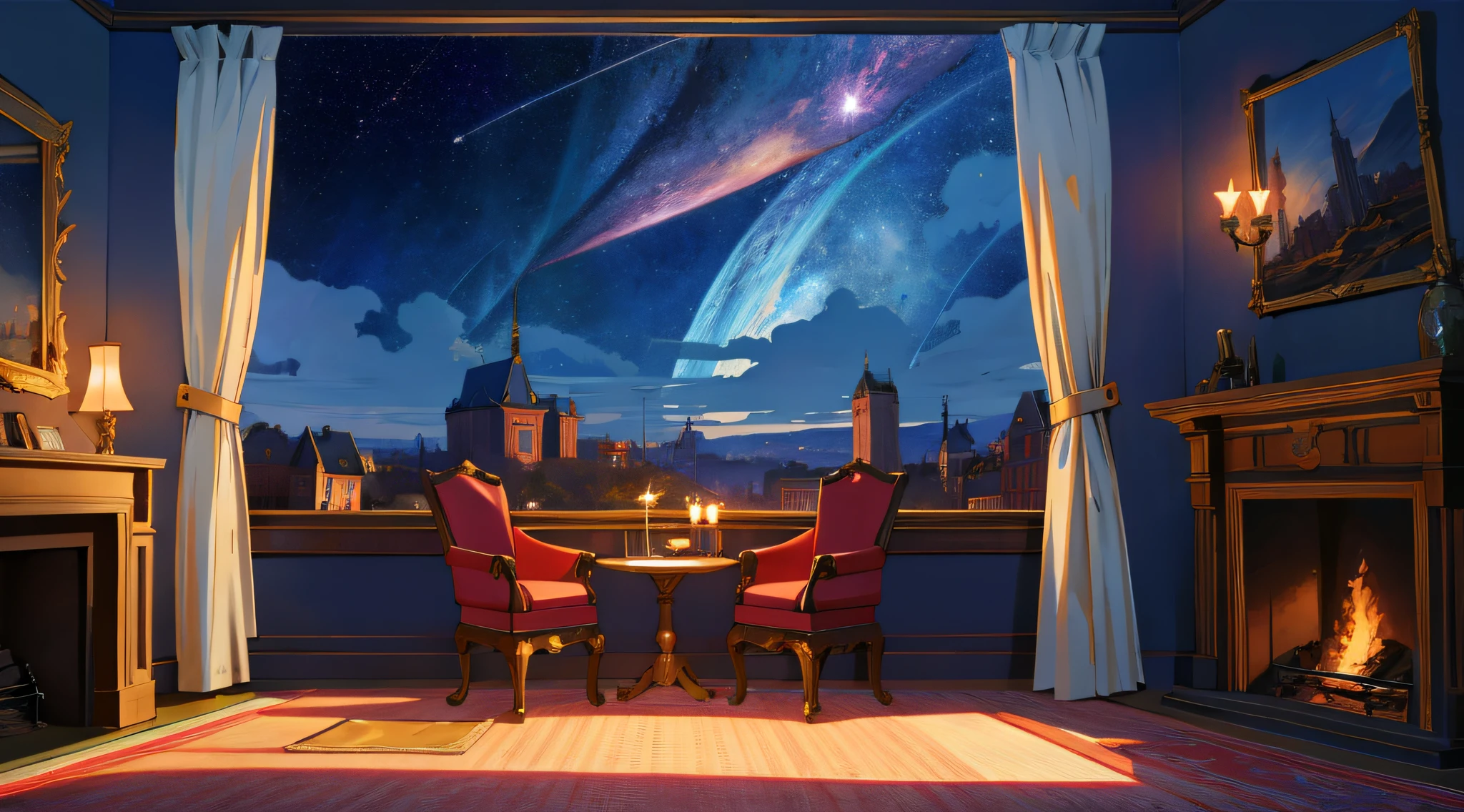 Photo of room with fireplace, Relaxing concept art, Anime background art, Arte conceitual de inverno, Personal room background, anime backgrounds, Anime landscape concept art, Home page background, Starry sky environment in moonlight, beautful view, concept art magical highlight, cozy cafe background, Open window ib background, Anime beautiful peaceful scene, bedroom background