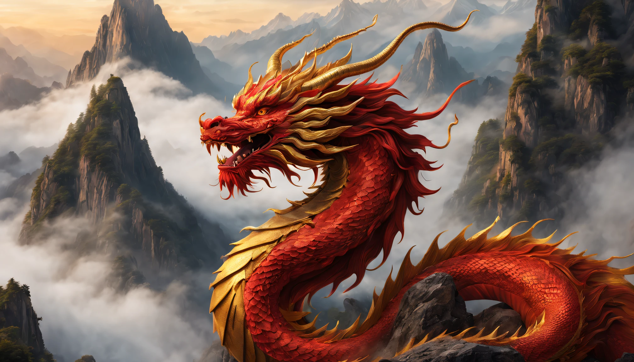 a red chinese dragon，Long beard，golden eyes breathing，Curly and powerful dragon tail，mountain peaks，Surrounded by mist，Vivid colors and intricate details，illuminated by soft golden light，(Best quality at best,4K,8K,A high resolution,tmasterpiece:1.2),ultra - detailed,actual