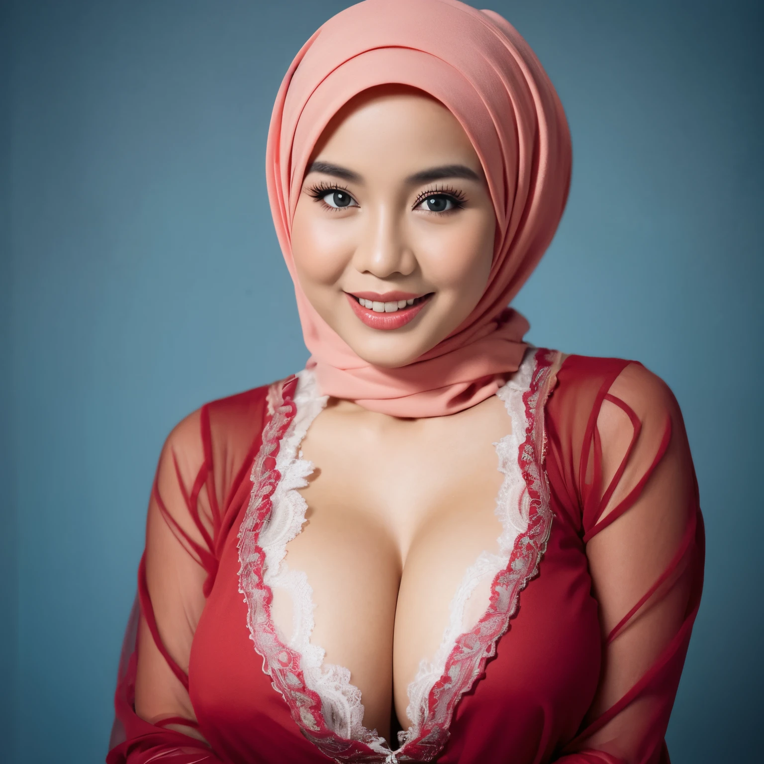 100 Years old, matured malay woman in hijab wearing lace red color pajamas portrait photography, mid shot photo, ultra detail, professional photograph with professional lighting, smile, light blue studio background, sexy seducing pose, , huge mature Tits