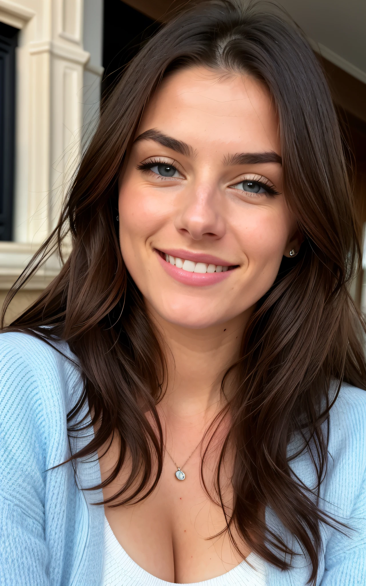 Belle brune portant un pull rose (assis sur la fourrure near the fireplace), Very detailed, 25 ans, visage innocent, cheveux longs, natural wavy, yeux bleus, High resolution, Masterpiece, Best quality, Intricate details, highly detailed, mise au point nette, detailed skin, realistic skin texture, texture, detailled eyes, professionnel, 4K, sourire charmant, filmed on Canon, 85 mm, faible profondeur de champ, Couleur Kodak Vision, perfect fit body, Extremely detailed, photoreallistic, Realstic, Post-traitement, maximum details, roughness, real life, ultra realist, photorealism, photographie, 8K UHD, photographie