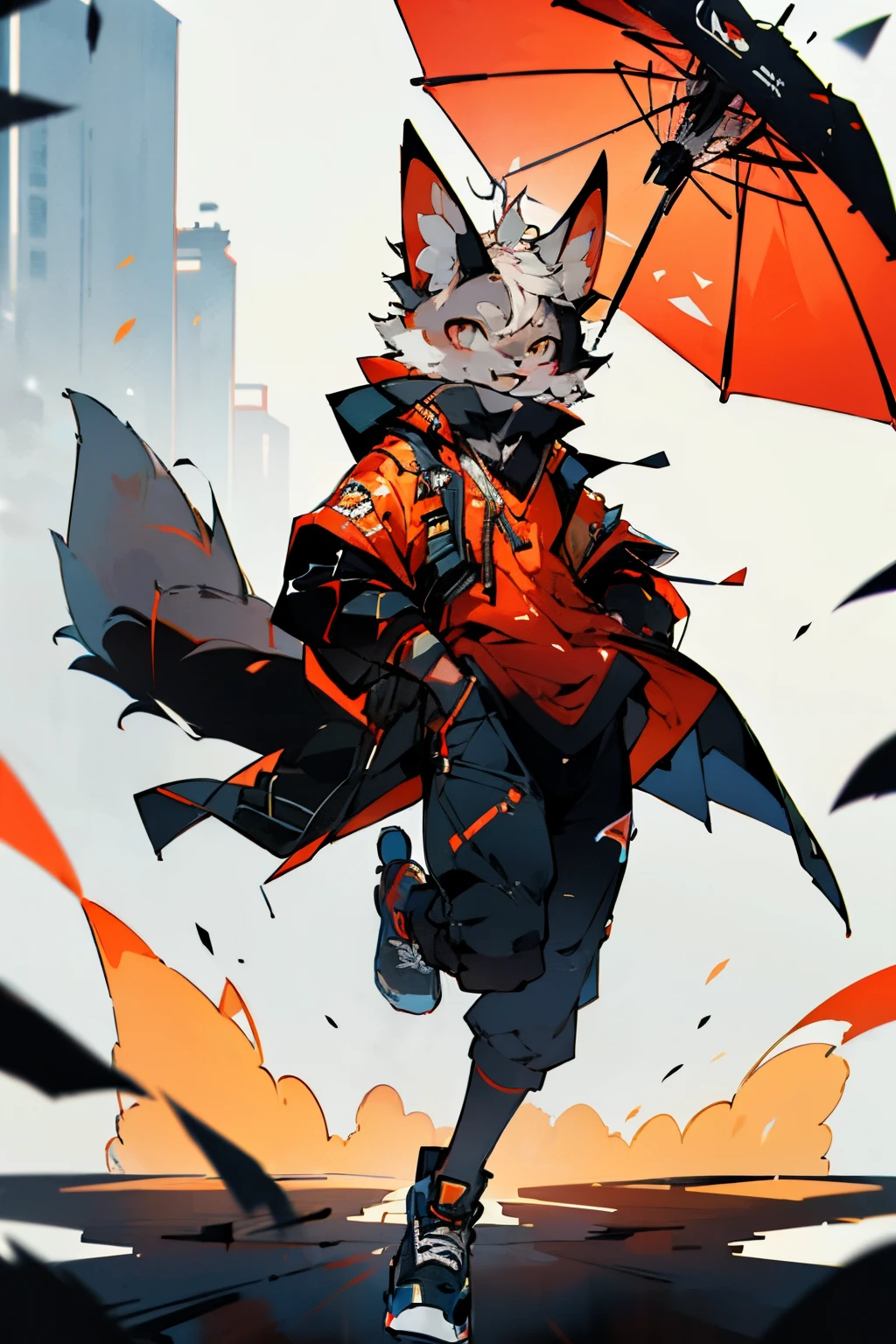 solo male, red fox, furry, smiling, happy, dynamic lighting, illustration, full-body, beautiful, particles (high quality,4k,8k,highres,masterpiece:1.2), ultra-detailed, impressionistic:colorful, city, rain, neon