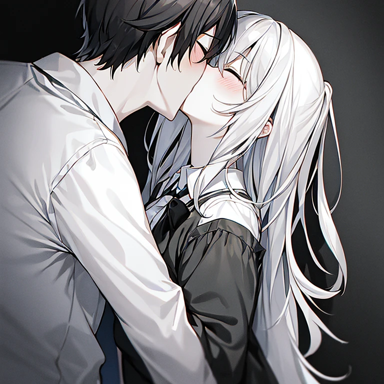 1boy, 1girl in, blush, Closed_Eyes, Collared_Shirt, a couple, grayscales, hetero, kiss, long_hair, monochromes, neck tie, Shirt, Surprise_kiss, 上半身_Body