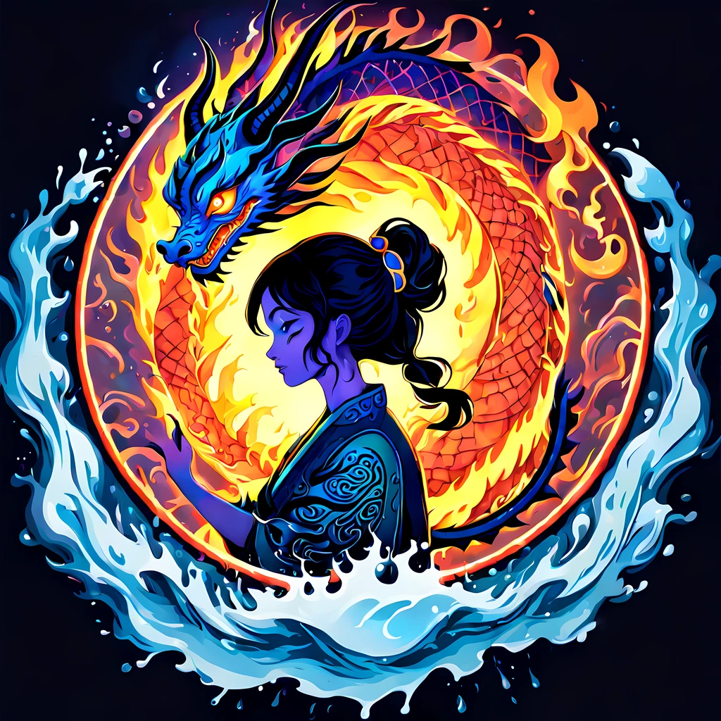 (((black light poster art))), ((mesmerizing glowing ancient runes)), (((looking at the viewer))), design a captivating and mystical representation of a ((writhing body of a Chinese dragon curled up in a circle)), aura of power and richness, ((ethereal flames and water splash in the background)), ((moon)), More Detail