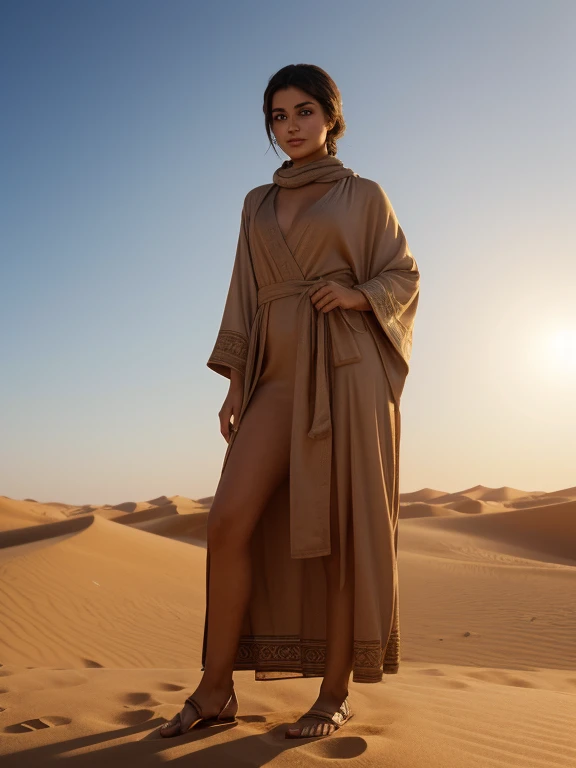 A woman wearing a full-body robe standing on a dune in the desert、leading a camel、lensflare、sandal、bandana、(1 Ultimate Beauty), hyperdetailed face, detailed brown eyes, Double eyelids, Detail lips, short dark hair,  lightsmile, Perfect litthing, , (Photorealsitic:1.4), (ultra-detailliert), (top-quality), (Best Shadows), (​masterpiece), Ultra High Resolution,