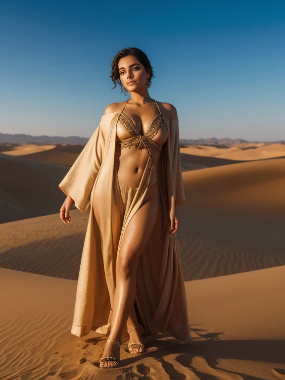 A woman wearing a full-body robe standing on a dune in the desert、leading a camel、lensflare、sandal、bandana、(1 Ultimate Beauty), hyperdetailed face, detailed brown eyes, Double eyelids, Detail lips, short dark hair,  lightsmile, Perfect litthing, , (Photorealsitic:1.4), (ultra-detailliert), (top-quality), (Best Shadows), (​masterpiece), Ultra High Resolution,