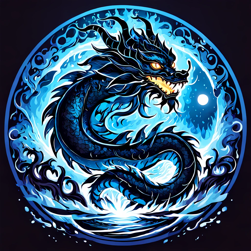 (((black light poster art))), ((mesmerizing glowing ancient runes)), (((looking at the viewer))), design a captivating and mystical representation of a ((writhing body of a Chinese dragon curled up in a circle)), aura of power and richness, ((ethereal flames and water splash in the background)), ((moon)), More Detail