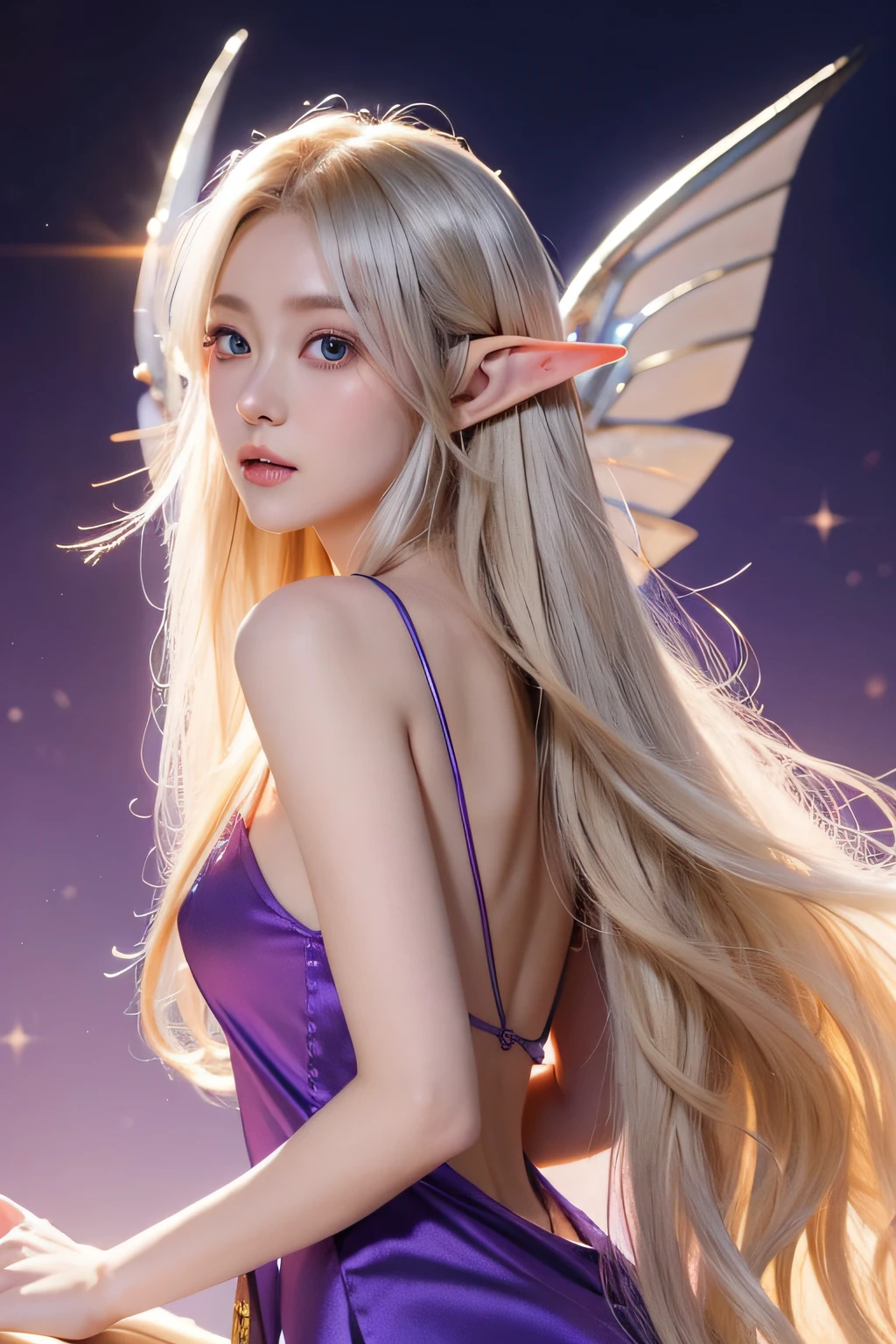 anime figure,Two-dimensional style,Full body lesbian,Draw an elf woman,Long golden hair hanging down to her waist,Wear a long skirt,wearing a round hat,There a pair of elf wings on the back。her violet eyes sparkling,It seems to light up the entire darkness。In her hand she holds a silver elven longbow