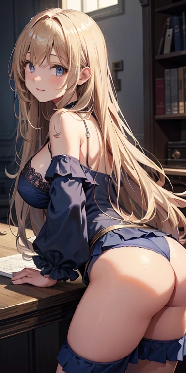 On a table, Best quality, extremely detaild的 CG unified 8k wallpapers, witch woman , Long dark blonde wavy hair、Off-the-shoulder knit, (Dark blue pleated skirt), Medium milk, Puffy、The face red, Shy Laughter, bare shoulders pose)、(Turn around)、Buttocks、lace underwear big breasts without high heels、Luxury wand and book、castle church、lacivious pose、forward leaning,to emphasize