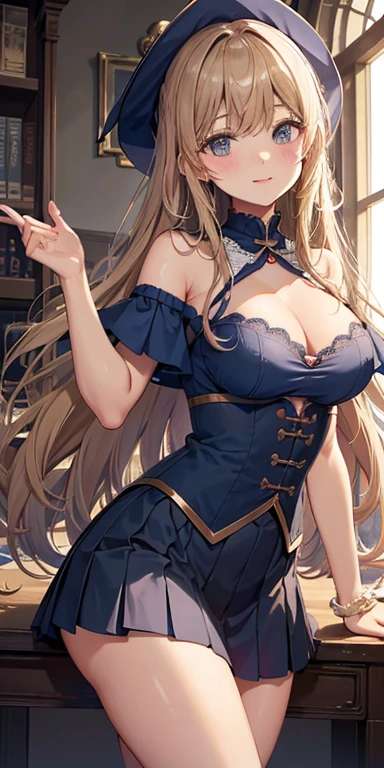 On a table, Best quality, extremely detaild的 CG unified 8k wallpapers, witch woman , Long dark blonde wavy hair、Off-the-shoulder knit, (Dark blue pleated skirt), Medium milk, Puffy、The face red, Shy Laughter, bare shoulders pose)、(Turn around)、Buttocks、lace underwear big breasts without high heels、Luxury wand and book、castle church、lacivious pose、forward leaning,to emphasize