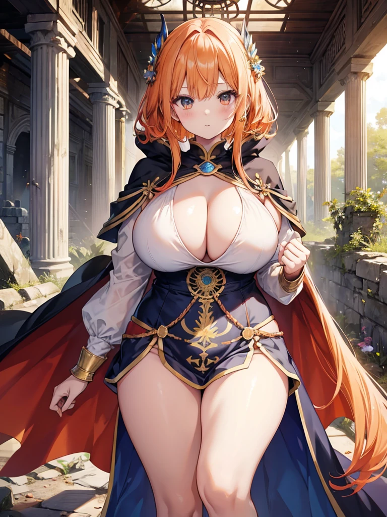 anime illustrated、Fantasia、orange haired female knight、Dirty cloak、Explore the ruins of a forested walled city、White and gold costume、Ethnic patterns、Red and blue two-tone innerwear、1 persons、Colossal tits、Plump body