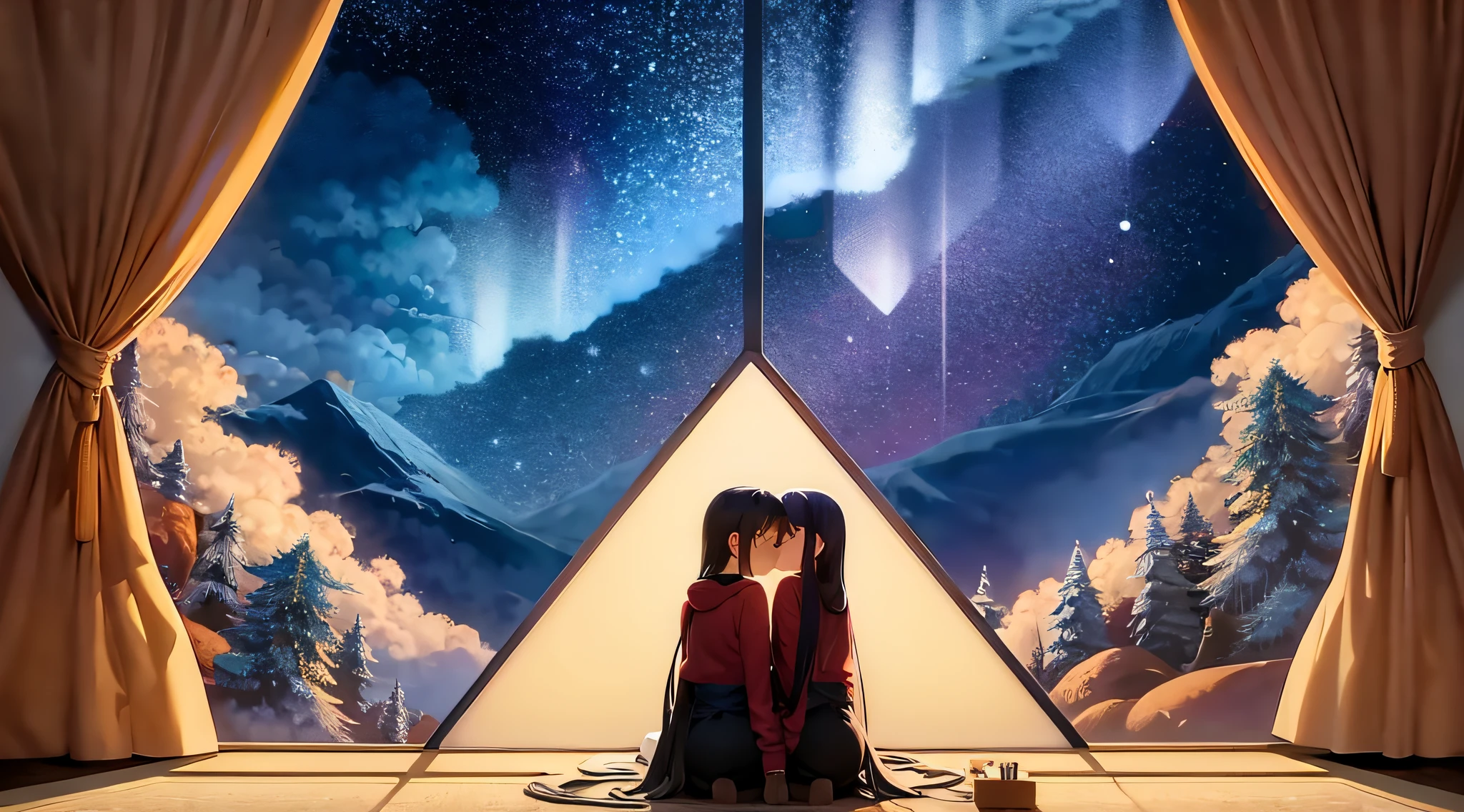 Photo of room with fireplace, Relaxing concept art, Anime background art, Arte conceitual de inverno, Personal room background, anime backgrounds, Anime landscape concept art, Home page background, Starry sky environment in moonlight, beautful view, concept art magical highlight, cozy cafe background, Open window ib background, Anime beautiful peaceful scene, bedroom background,There are no personas