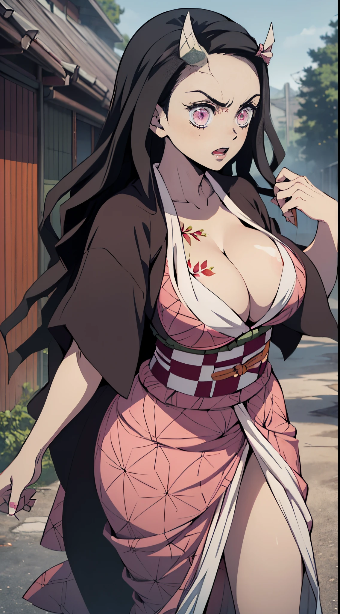 (ultra realistic photo of Nezuko kamado goddess of beauty, bright pink eyes, angry angry expression, she has a horn, 8k, UHD, hottie with ultra giant breasts, huge long breasts sticking out of her kimono, erotic, with long black hair and orange tips, sexy pink japanese kimono ), Nezuko with a piece of bamboo stuck up her ass, (Nezuko, Nezuko-chan, Demon Slayer art style, kimetsu on yaiba),  female anime character, (Nezuko, in her demon form, Huge breasts, giant long breasts sticking out of her clothes, her breasts stick out of her kimono, showing beautiful pointy breasts), ( she has leaf tattoos running down her sexy erotic body), Demon Slayer fanart, wielding kunai, clean and detailed anime art, a very beautiful woman, by Kamagurka, professional art, perfect detailed, (Nezuko kamado in her demonic form, based on the demon slayer kimetsu no yaiba), nudes,