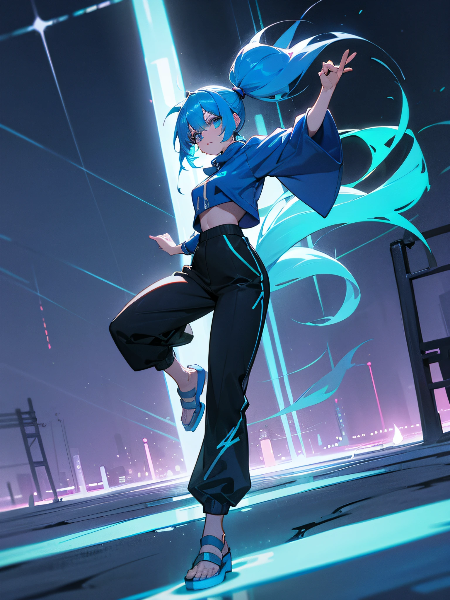 1 female、独奏、Blue-haired、Looking at the camera、full body Esbian、poneyTail、On top of a sweatshirt、long trousers、Night town、Neon tones throughout、lightning bolt、Cool pose、Parkour