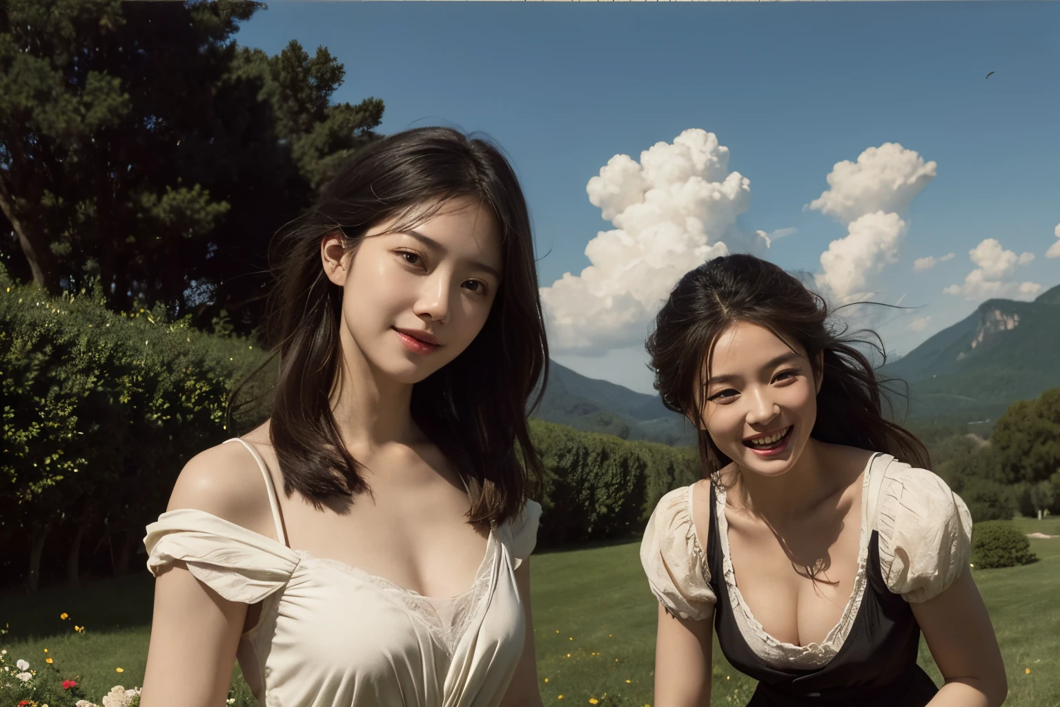 Poussin-style landscape,A smile,,Sweet and seductive appearance.、Caravaggio's paintings、Chiaroscuro of Caravaggio、Hair disheveled in the wind,Two women frolicking,Cute smile, Expression of ecstasy,A sexy,erotick