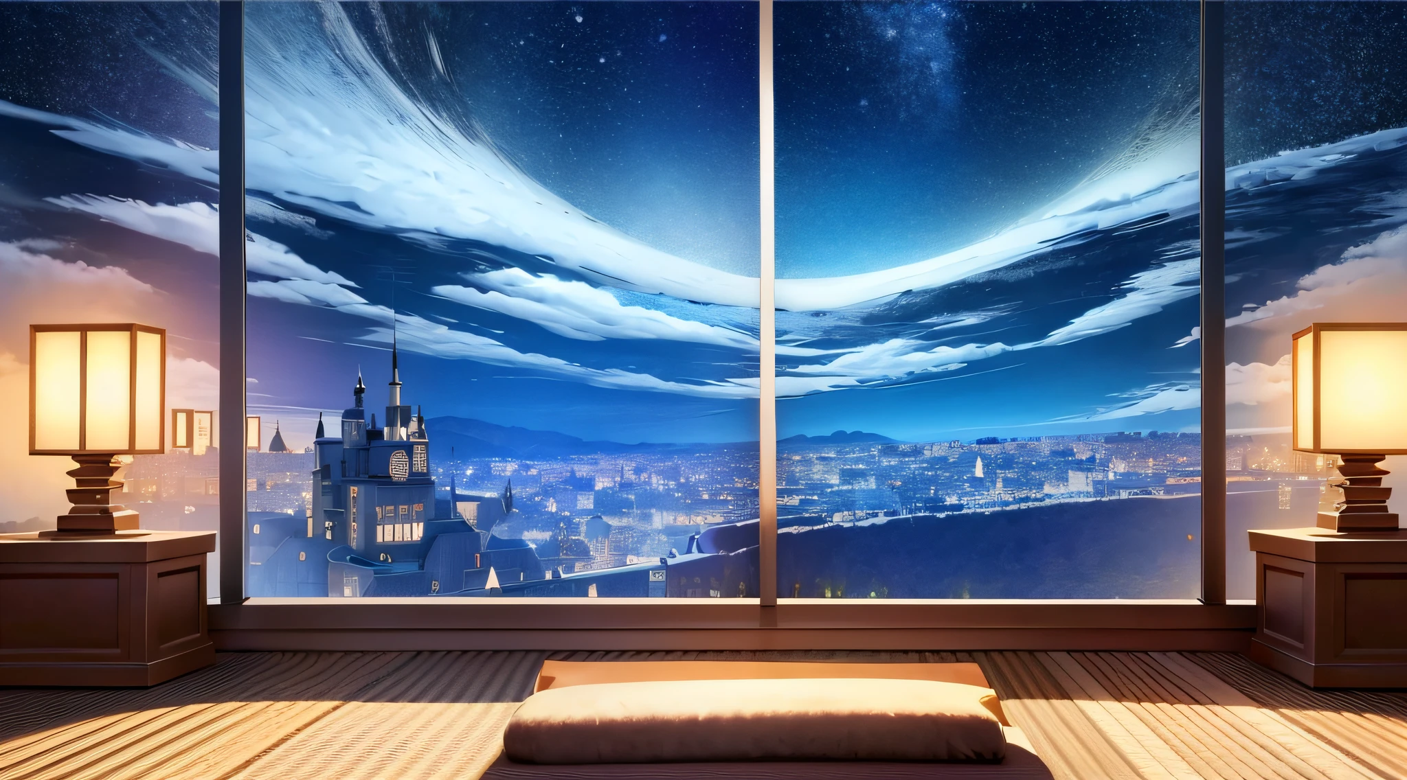 Photo of room with fireplace, Relaxing concept art, Anime background art, Arte conceitual de inverno, Personal room background, anime backgrounds, Anime landscape concept art, Home page background, Starry sky environment in moonlight, beautful view, concept art magical highlight, cozy cafe background, Open window ib background, Anime beautiful peaceful scene, bedroom background，There are no personas