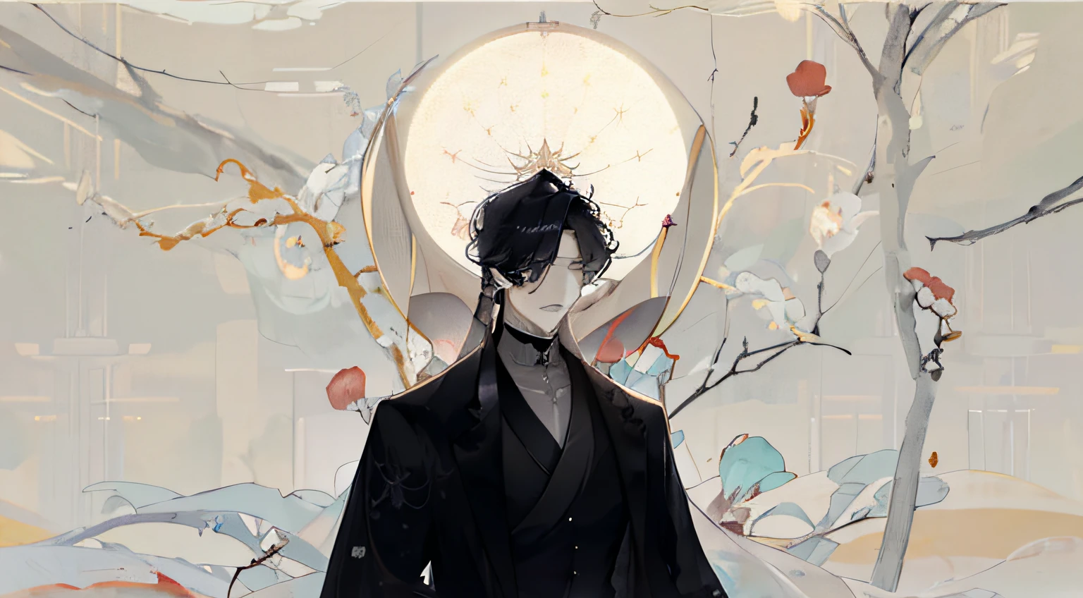 A man in a black suit stands in front of the round window, Inspiration for Masanobu Okumura, heise jinyao, Inspired by Bian Shoumin, Handsome Japanese demon boy, Guviz-style artwork, ((wearing aristocrat robe)), inspired by Itō Ogura Yonesuke, inspired by Zhang Han