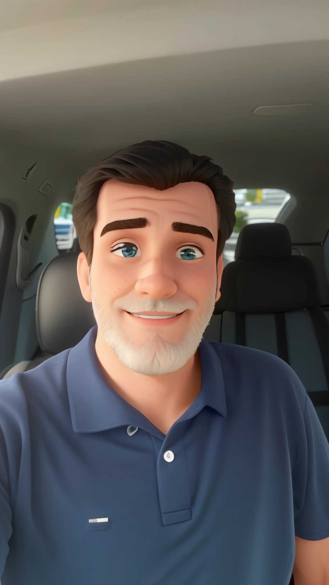 homem branco, olhos castanhos, camisa azul escuro, cabelo curto e preto, sem barba, sorriso branco