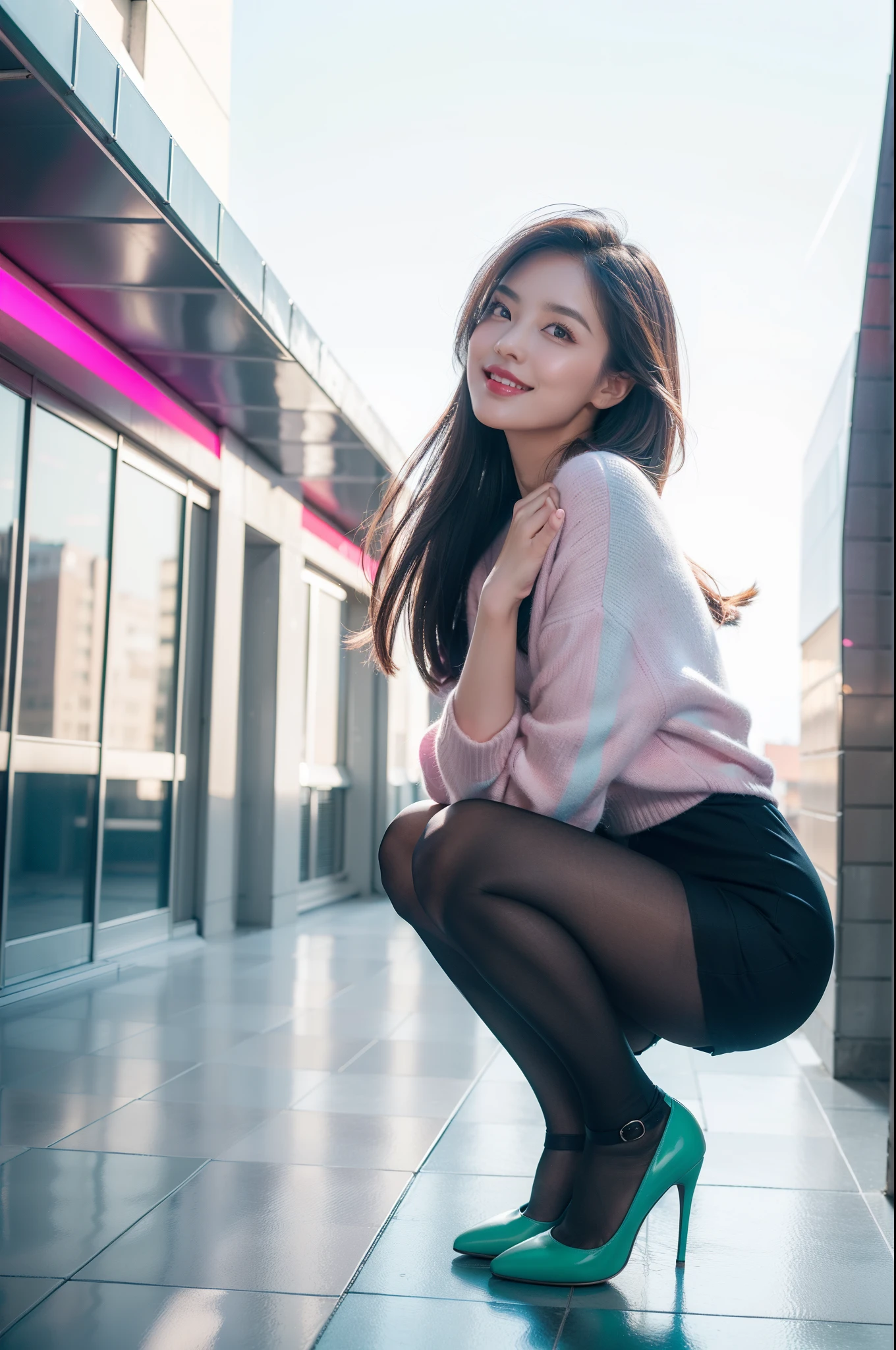 (full body:1.5),(looking at viewer:1.4), (Wearing Pantyhose, high heels, and daily outfits:1.2), (Squat down in front of the roof of the building:1.2),(In pink|amarelo|blue colors|green color|red colour|white colorlack in color|purpleish color|greyeige|Flesh color 1.4),(Accurate and perfect face:1.4),A shallow laugh,,hyper HD, Ray traching, reflective light,structurally correct, Award-Awarded, high detal, lightand shade contrast, Face lighting,cinmatic lighting, tmasterpiece, super detailing, high high quality, high detal, best qualityer, 16k,high contrast,