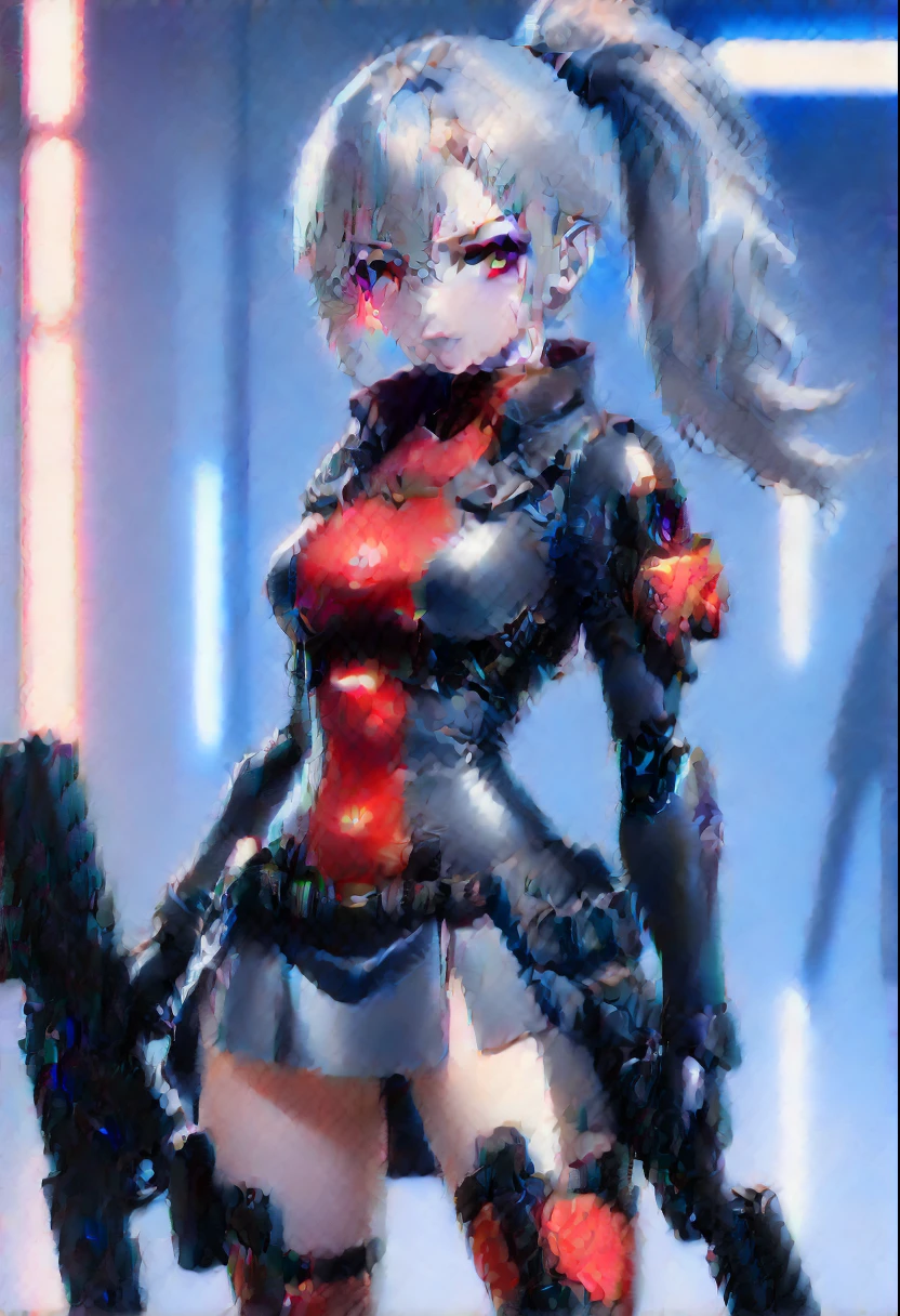 Full body internet girl with ponytail. Bright red indicates that she an online girl. Anime characters with silver hair and black costumes holding guns, But there are skirts. She also has blue eyes. The environment similar to a terminator. Hair black. Her face illuminated by the bright red color on one side of the face. Like LEDs. And both hands also have LED lights.