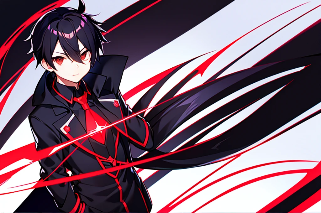 hight resolution,close range、Anime boy with black hair and red eyes staring at camera, Glowing red eyes,slim, dressed in a black outfit,Shadow Body,colorful backdrop,hair messy,yameroyandere, Diagonal angle