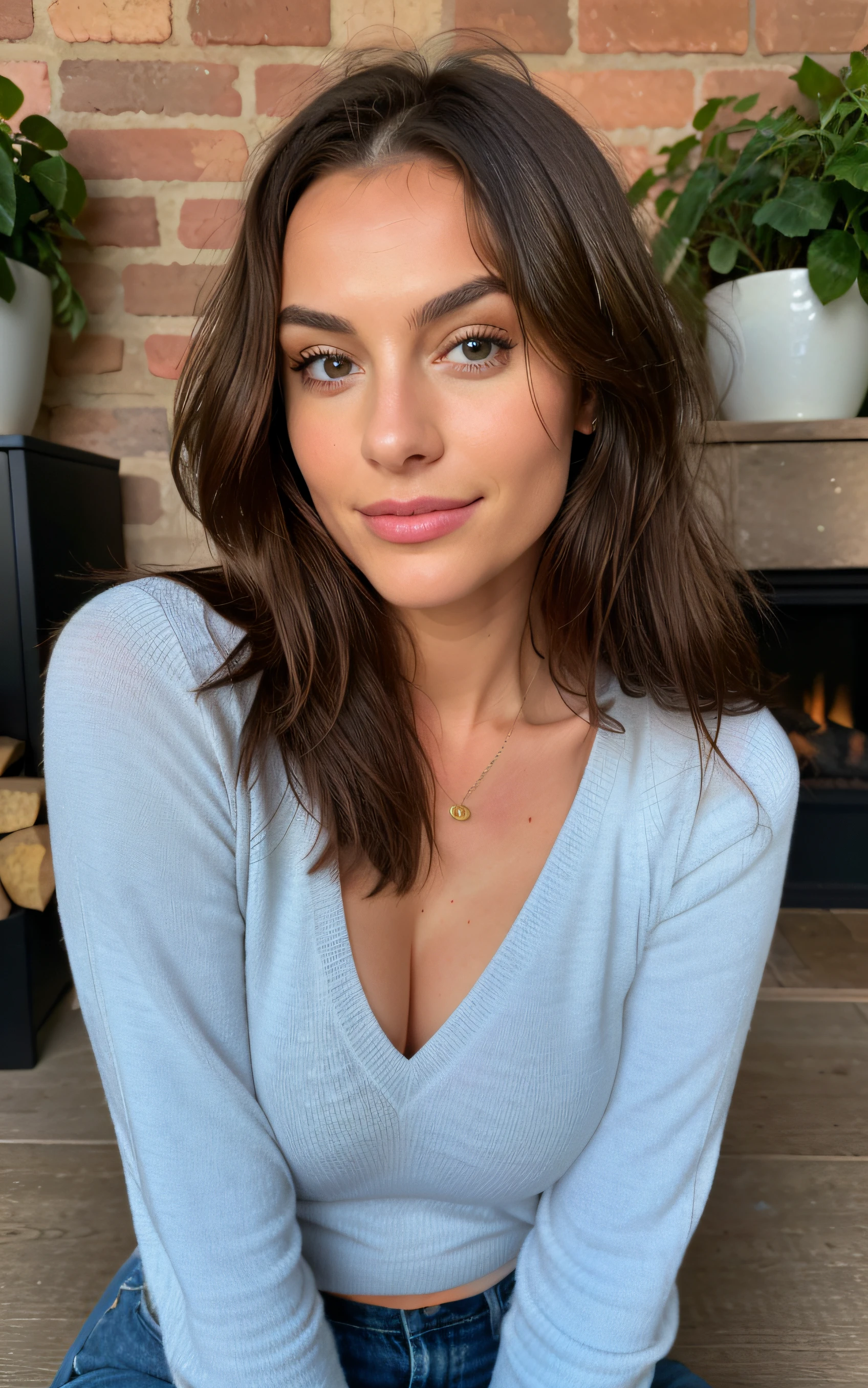 Belle brune portant un pull rose (assis sur la fourrure near the fireplace), Very detailed, 25 ans, visage innocent, cheveux longs, natural wavy, yeux bleus, High resolution, Masterpiece, Best quality, Intricate details, highly detailed, mise au point nette, detailed skin, realistic skin texture, texture, detailled eyes, professionnel, 4K, sourire charmant, filmed on Canon, 85 mm, faible profondeur de champ, Couleur Kodak Vision, perfect fit body, Extremely detailed, photoreallistic, Realstic, Post-traitement, maximum details, roughness, real life, ultra realist, photorealism, photographie, 8K UHD, photographie
