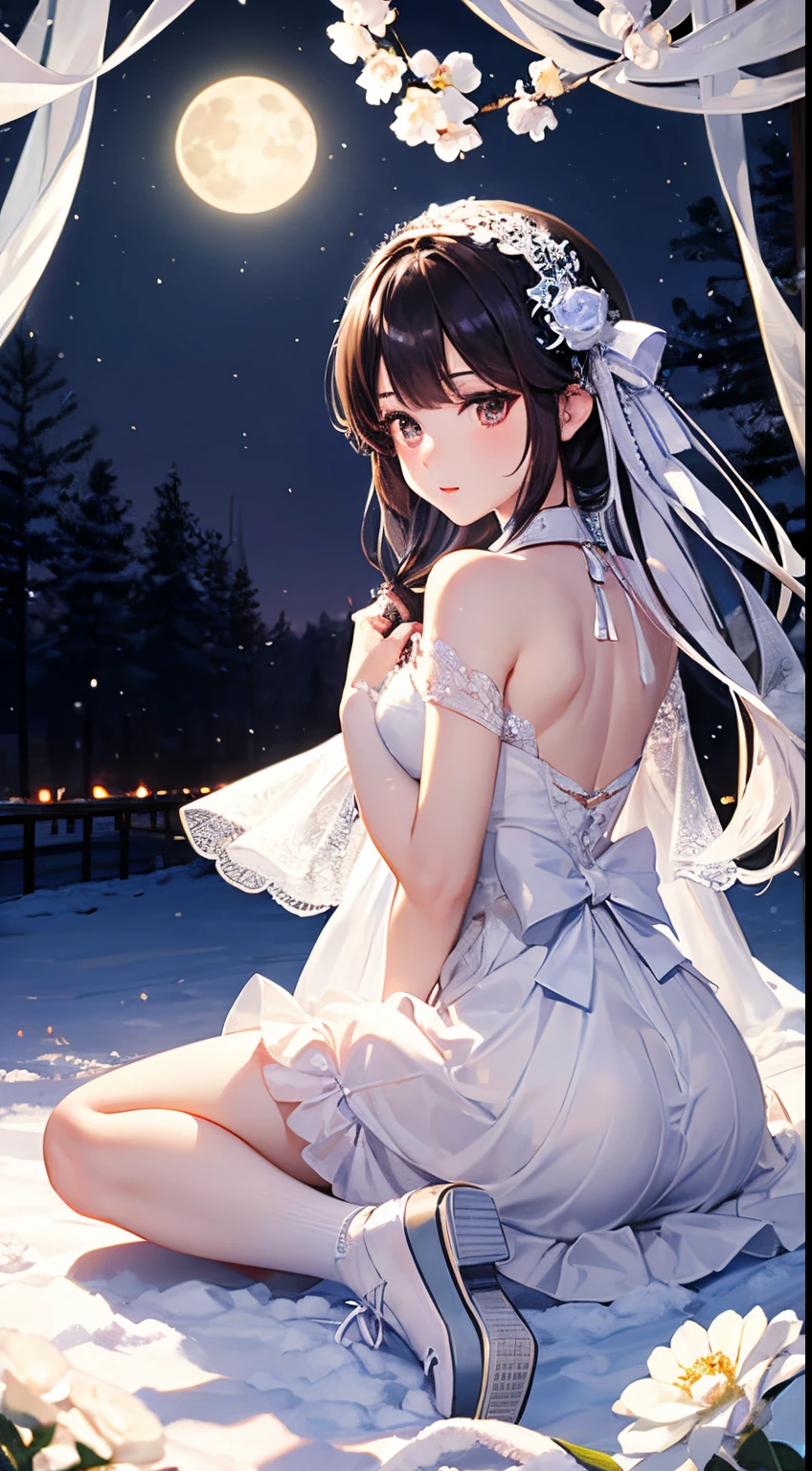under the hazy moonlight。Snow-white skin。white girl。White clothes。White flowers。white white shoes。Looking at you infatuatedly。