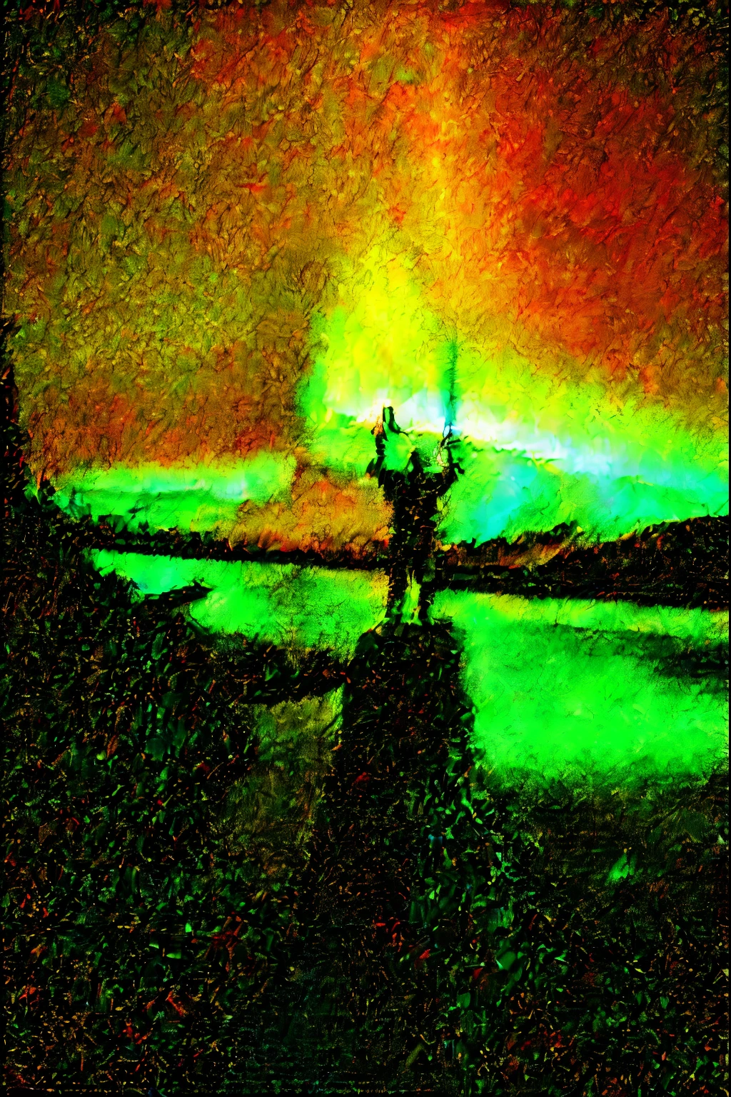 FR4Z3TT4, Man raises sword to the sky,The sky covered with auroras