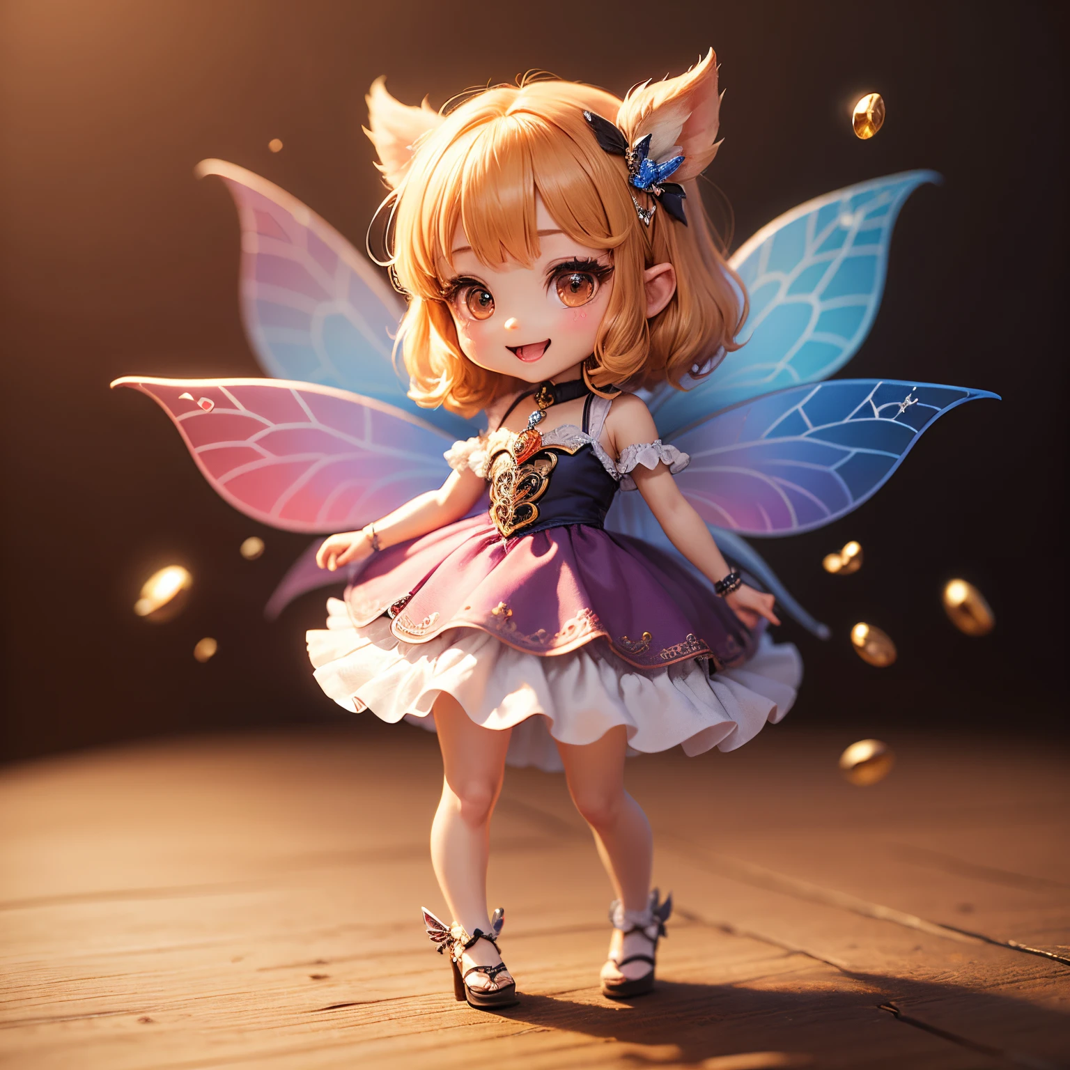 ​masterpiece、top-quality、ultra-detailliert、(Chibi Chara Fairy:1.2)、7 colors of rainbow feathers、sapphires、Congratulations、(heart motif cushion:1.3)、heart motif light、Open your mouth and smile、Full-body standing figure、dancing dancing