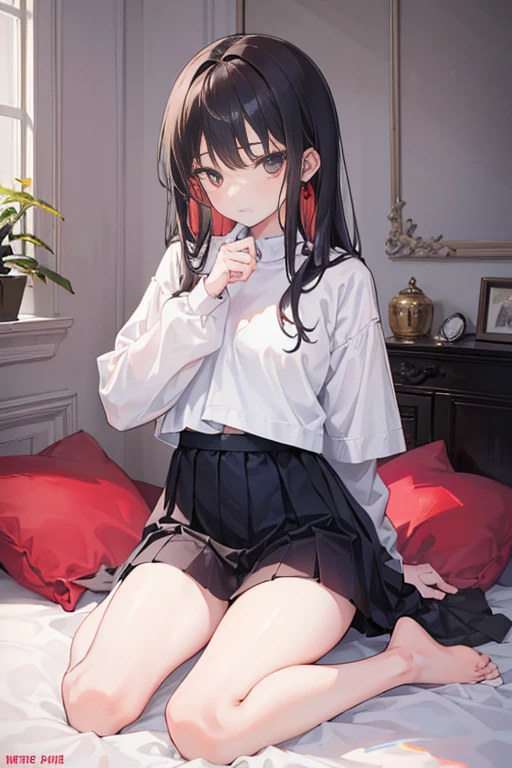 1 girl of about ,kneeling on a bed,hands spread wide,Slim beauty,Inside the room,delicated face,soft exposed,His face turned slightly red,leg clamp,Full body like