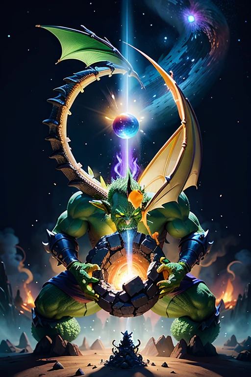 draw me a time hole where dragons, orcs, elves, gnomes are sucked in and disintegrated, transforming into cosmic dust