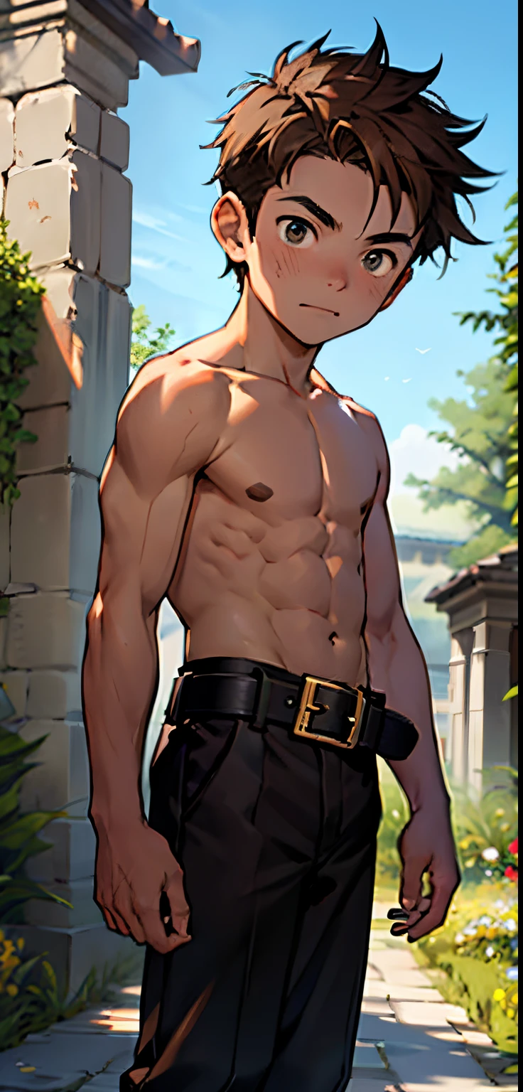 SHIRTLESS, TOPLESS, NAKED TORSO. (Masterpiece, The best quality), garden with greek columns, Indian facial features, dark skin, naked torso, Libid boy, a boy of 11 years, Young boychild's facechildhoodYoung age，Shirtless, Topless, Short and round face，Flat chinchildhood, (The child's face), Brown hair, Young age, Flat chin, Fine face in detail, loose brown pants, bronze buckle belt, aesthetic (good anatomy), Short brown hair, shiny hair, almond eyes, dark brown eyes, Keep your eyes wide open, pectorals, bright, bright and vivid colors, (Depth of fields:1.2), Positive hearing, Looking at Viewert.