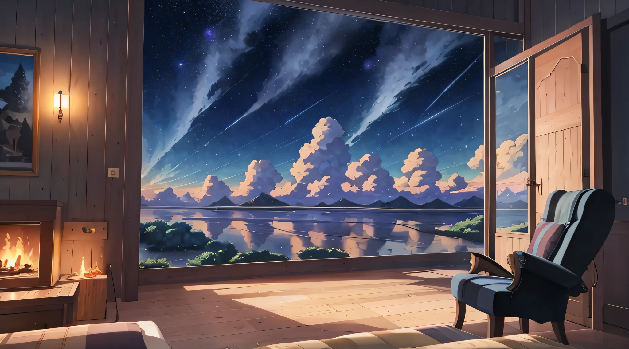 Photo of room with fireplace, Relaxing concept art, Anime background art, Arte conceitual de inverno, Personal room background, anime backgrounds, Anime landscape concept art, Home page background, Starry sky environment in moonlight, beautful view, concept art magical highlight, cozy cafe background, Open window ib background, Anime beautiful peaceful scene, bedroom background，There are no personas