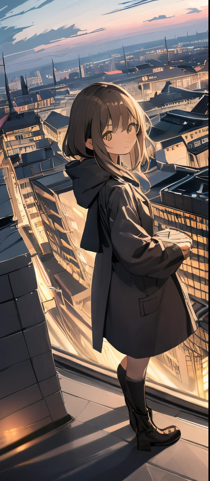 (​masterpiece、top-quality),From  above, 1girl in, 独奏, signboard, brown-eyed, brown haired, built, city nigth, cloudy ash sky, coat, boots, craneachines\), Dutch angle, From the side, Light frown, Look at viewers, plein air, On the rooftop, 天空, skyscraper