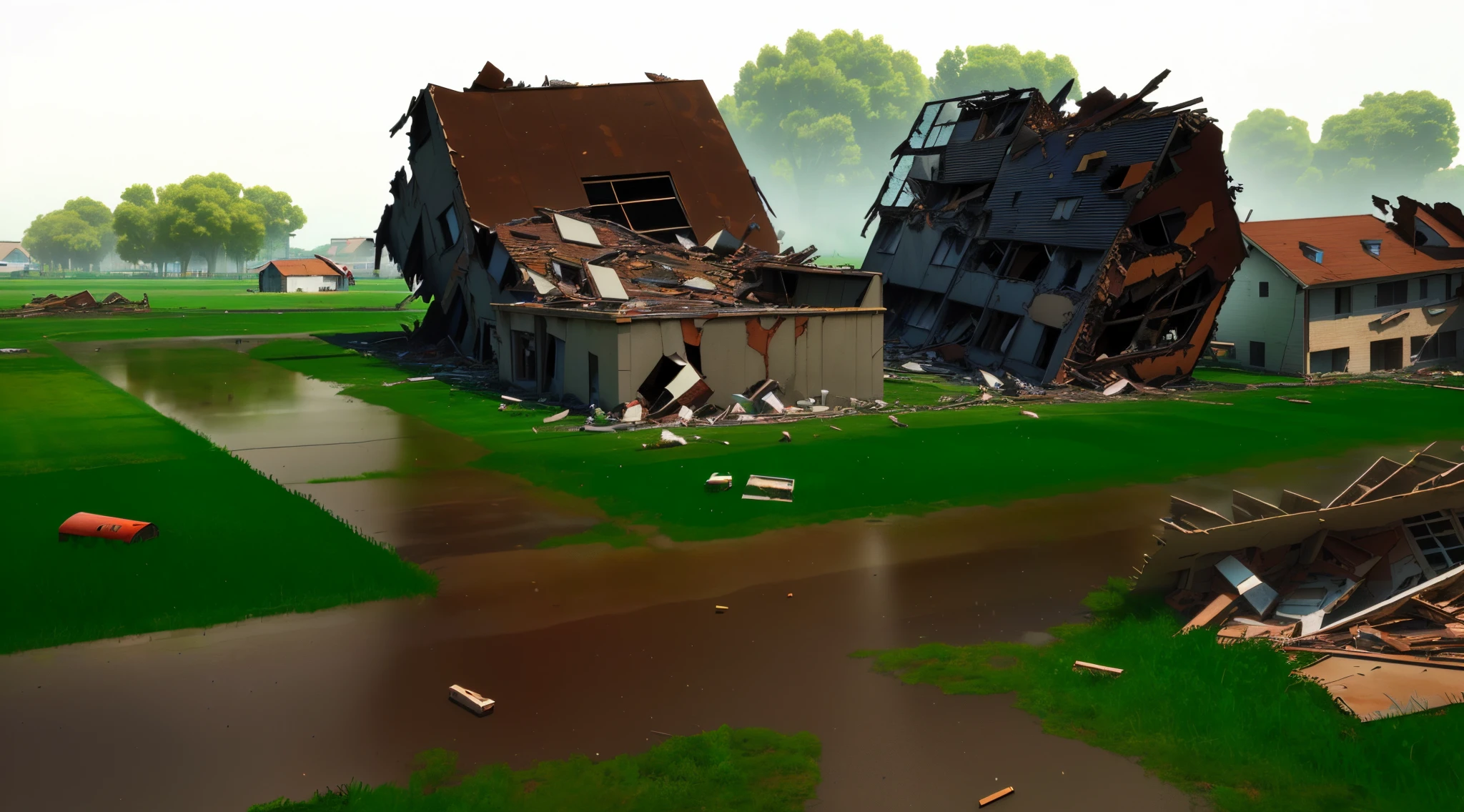 there are two houses that are destroyed and one  standing in the grass, ruined subdivision houses, wrecked buildings, damaged buildings, destroyed buildings, destroying houses, damaged structures, huge smashed mansion, destroyed modern buildings, rendered, rendered image, building destroyed, collapsed buildings, 3d-render, digital render, rendered on unreal 3 d, pre-rendered